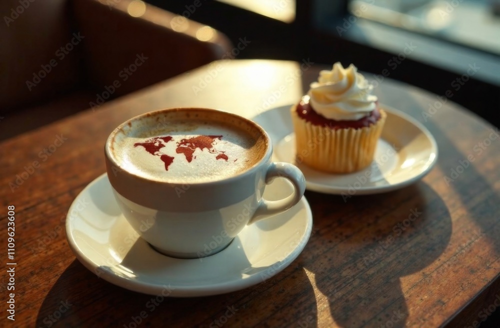World map made of cinnamon on cappuccino foam. Cup of coffee, dessert, boarding passes. Travel concept. Cappuccino at the airport World map made of cinnamon on cappuccino foam. Cup of coffee, dessert, boarding passes. Travel concept. Cappuccino at the airport