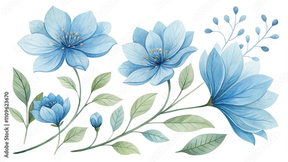 Obraz premium Watercolor blue Flower and leaf