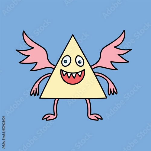 Cute Cartoon Triangle Monster One Eyed Wings Funny Happy