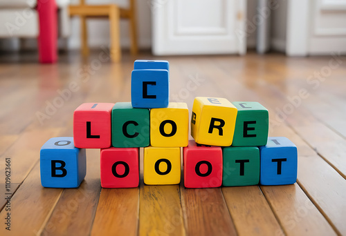 Colorful wooden blocks spelling out the word BEKUC on a wooden floor. photo