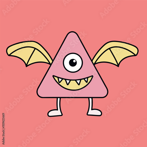 Cute Triangle Monster Cartoon Funny Winged Creature Happy Illustration