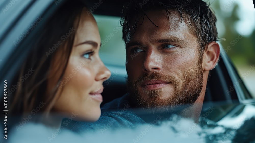 A woman and man share a captivating stare inside a parked car, creating an intimate and reflective mood through the raindrops gently streaming down the windows. A woman and man share a captivating stare inside a parked car, creating an intimate and reflective mood through the raindrops gently streaming down the windows.