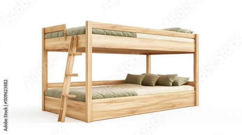 Wooden bunk bed with ladder, two mattresses, and olive green bedding.