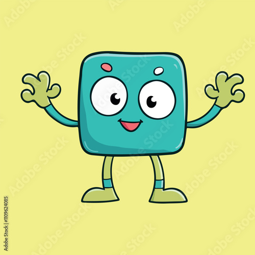 Happy Cartoon Monster Cute Square Creature Friendly Illustration