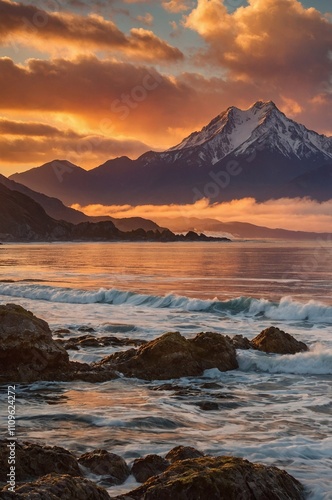 Sunset over the sea with a view of the mountains