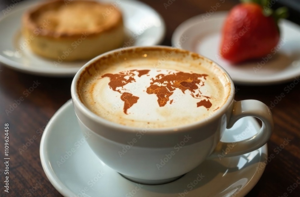 World map made of cinnamon on cappuccino foam. Cup of coffee, dessert, boarding passes. Travel concept. Cappuccino at the airport World map made of cinnamon on cappuccino foam. Cup of coffee, dessert, boarding passes. Travel concept. Cappuccino at the airport