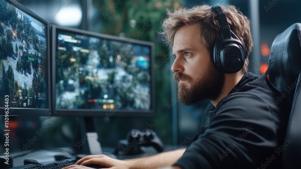 A focused gamer with headphones is engrossed in a strategy game on dual monitors, representing concentration and skill in competitive online gaming. A focused gamer with headphones is engrossed in a strategy game on dual monitors, representing concentration and skill in competitive online gaming.