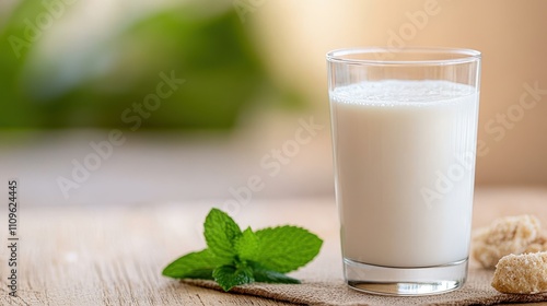 A classic clear glass of milk is simply presented on a wooden table, accompanied by fresh sprigs of mint, representing purity, simplicity, and health.