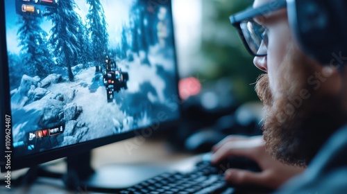 A man intensely focused on gaming, wearing headphones, playing an adventure game on a desktop computer with vibrant and immersive graphics in a snowy landscape setting. photo