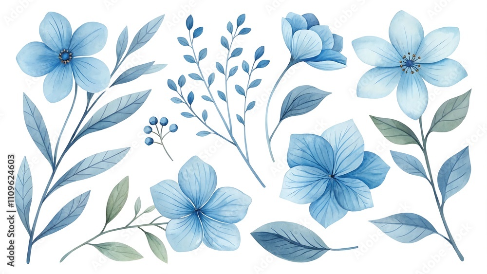 Fototapeta premium Watercolor blue Flower and leaf