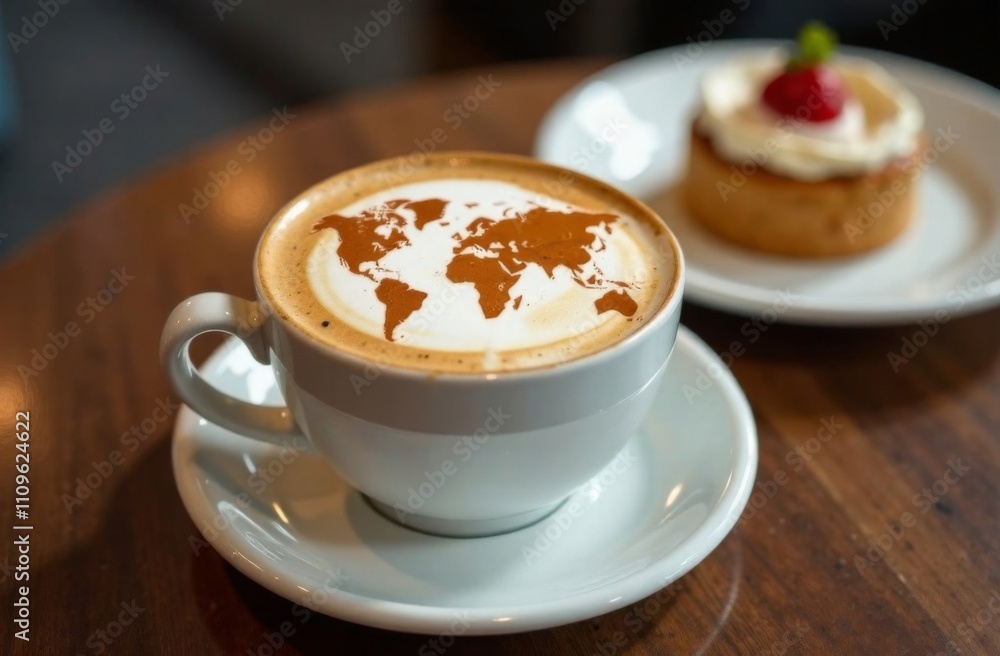 World map made of cinnamon on cappuccino foam. Cup of coffee, dessert, boarding passes. Travel concept. Cappuccino at the airport World map made of cinnamon on cappuccino foam. Cup of coffee, dessert, boarding passes. Travel concept. Cappuccino at the airport