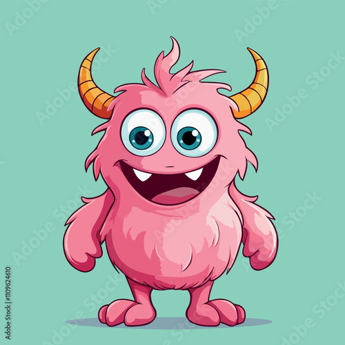 Happy Pink Fluffy Monster Cartoon Character Illustration