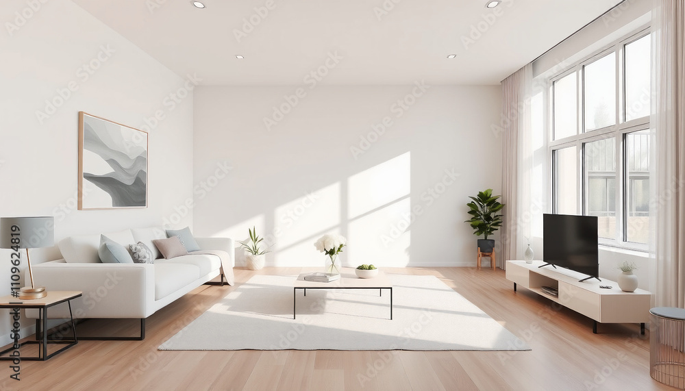 Fototapeta premium A Bright and Airy Living Room with a White Sectional Sofa and Large Windows