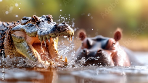 In a stunning natural setting, a crocodile and hippo confront each other, portraying raw wilderness and intensity as water splashes dramatically between them.
