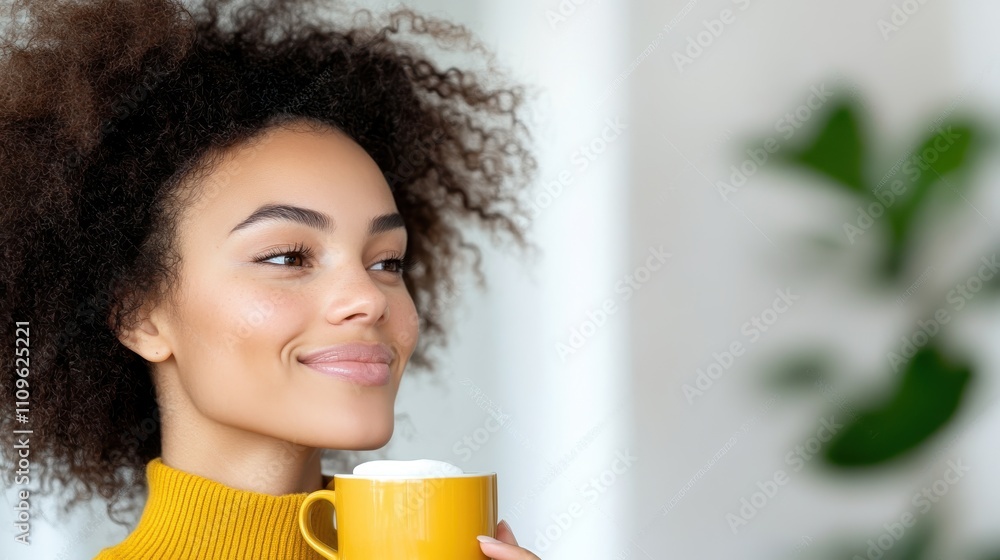 A young woman with an afro hairstyle smiles softly as she enjoys a warm beverage in a yellow mug, representing comfort and tranquility at home.