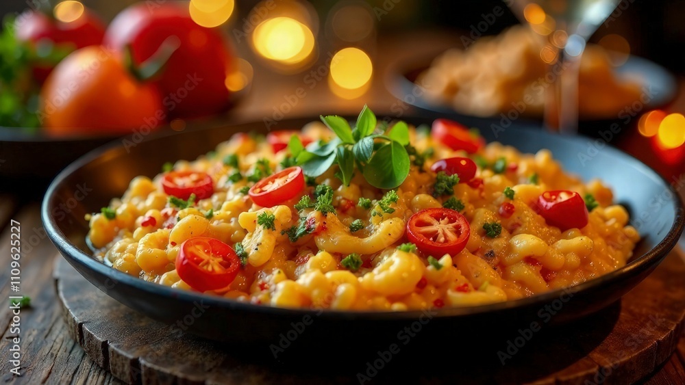 Close-up of Spanish paella, festive table, warm lights Close-up of Spanish paella, festive table, warm lights