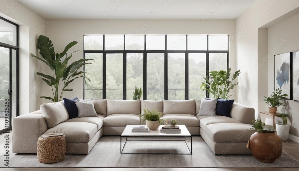 A Cozy Living Room with a Cream Sectional Sofa and Large Windows A Cozy Living Room with a Cream Sectional Sofa and Large Windows