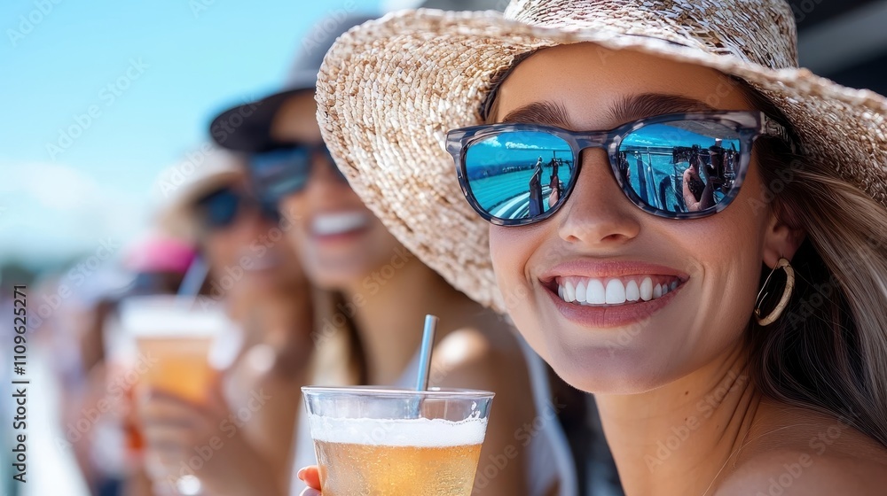 A radiant young woman wearing a stylish hat and sunglasses savors a cool drink at a beachside gathering. The festive mood and sunny day enhance the atmosphere. A radiant young woman wearing a stylish hat and sunglasses savors a cool drink at a beachside gathering. The festive mood and sunny day enhance the atmosphere.