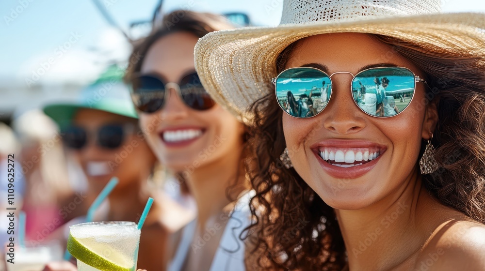 Two women wear trendy hats and sunglasses, holding refreshing cocktails and sharing laughter, capturing the excitement and freedom of a sunny summer escapade. Two women wear trendy hats and sunglasses, holding refreshing cocktails and sharing laughter, capturing the excitement and freedom of a sunny summer escapade.