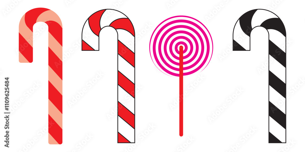 Fototapeta premium Candy stick icon. Candy stick icon set. Candy Cane. Christmas candy cane icon. Christmas stick. Santa caramel cane with striped pattern. Vector illustration.