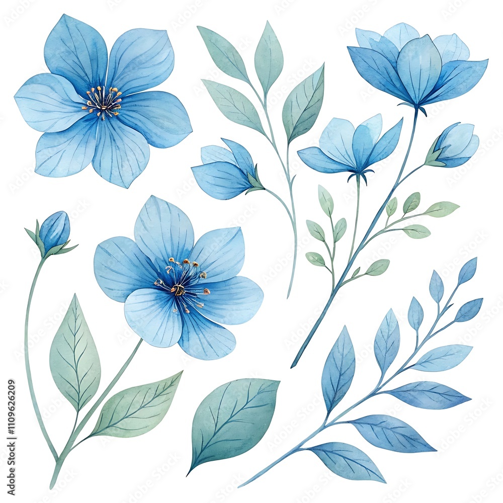 Fototapeta premium Watercolor blue Flower and leaf