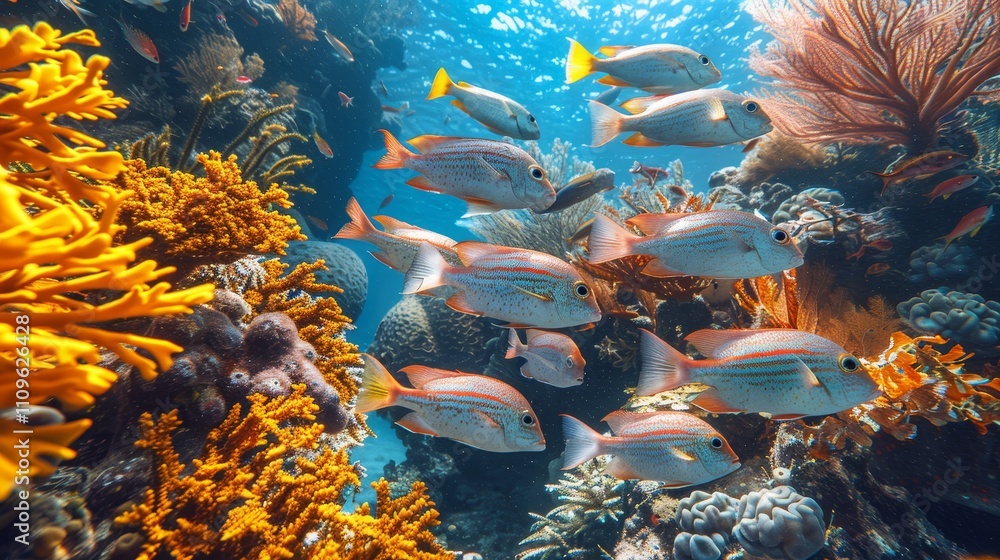 Naklejka premium A school of fish gracefully navigates the depths of the ocean waters in perfect harmony