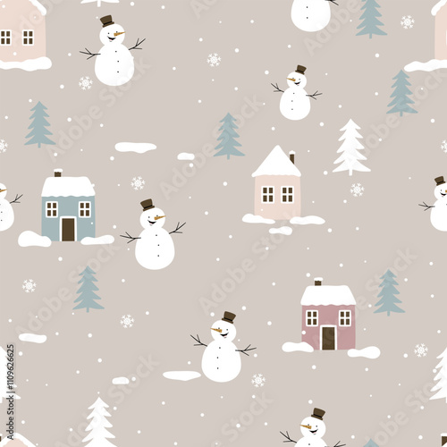 Seamless vector pattern with snowy woodhouse, snowman and tree. Hand drawn winter forest landscape.
