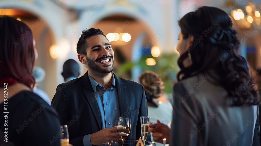 Smiling businessman hosting corporate event interacting highprofile business professionals elegant venue atmosphere formal celebratory showcasing importance of corporate events networking and branding Smiling businessman hosting corporate event interacting highprofile business professionals elegant venue atmosphere formal celebratory showcasing importance of corporate events networking and branding
