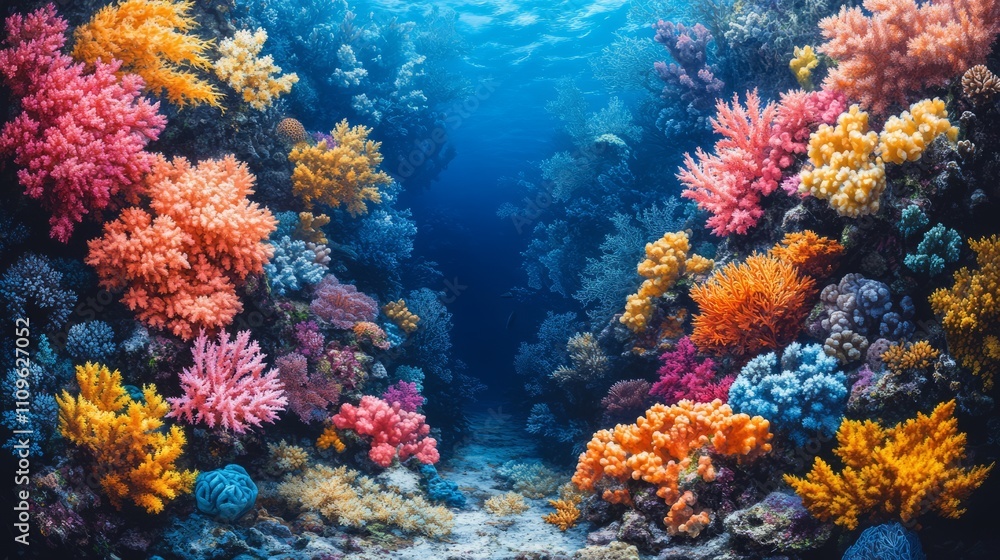 Naklejka premium Discover a stunning underwater world where colorful corals thrive in harmony, creating a breathtaking marine landscape