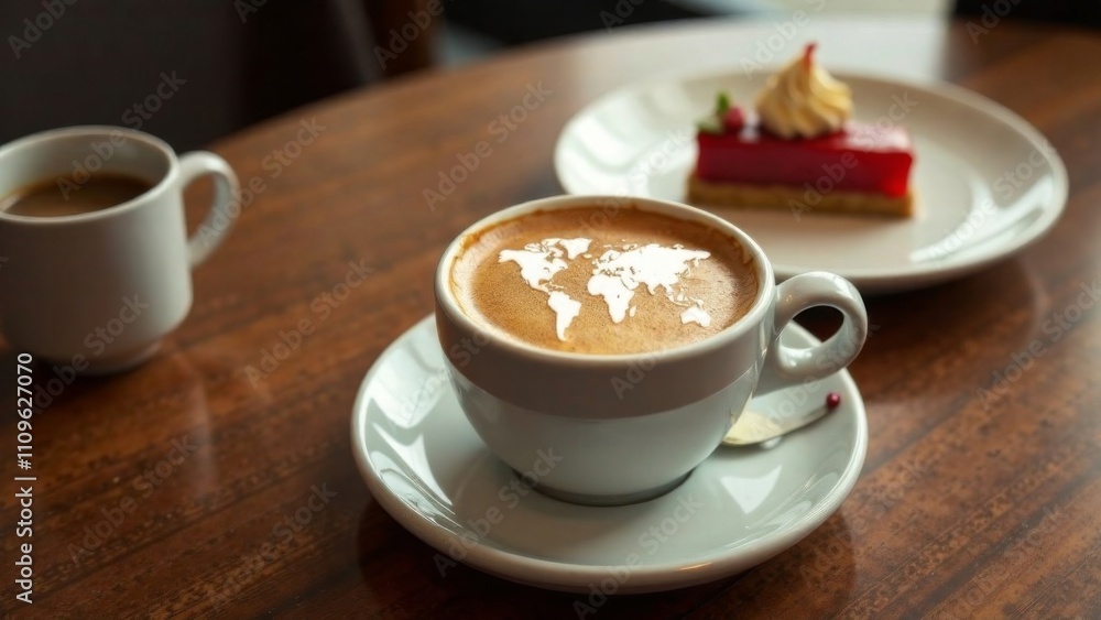 World map made of cinnamon on cappuccino foam. Cup of coffee, dessert, boarding passes. Travel concept. Cappuccino at the airport World map made of cinnamon on cappuccino foam. Cup of coffee, dessert, boarding passes. Travel concept. Cappuccino at the airport