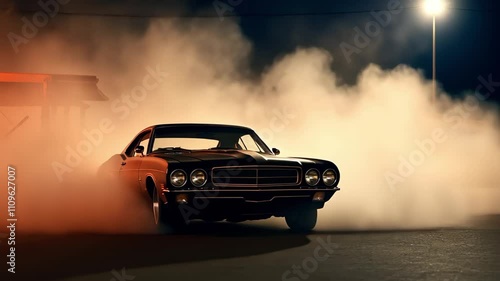 A classic muscle car drifting, surrounded by clouds of smoke at night with ambient lighting and a suburban backdrop.