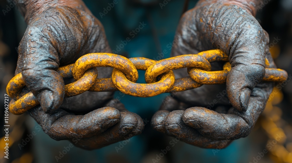 In a gritty industrial environment, worn hands grip rusty chains, symbolizing endurance and the weight of laborious history In a gritty industrial environment, worn hands grip rusty chains, symbolizing endurance and the weight of laborious history