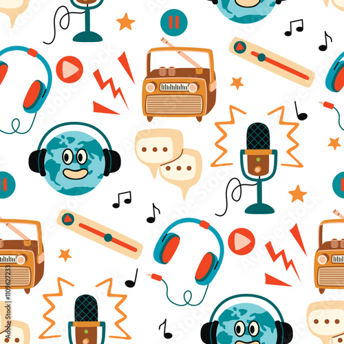 Funny seamless pattern with cartoon radio objects on white background.Retro radio receiver, planet earth, headphones, microphone, musical notes, start and pause buttons.Vector flat color illustration.