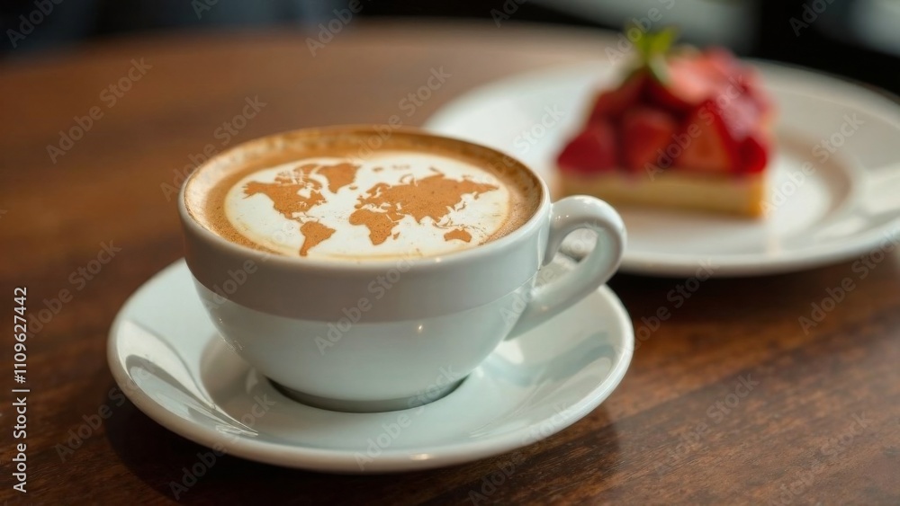 World map made of cinnamon on cappuccino foam. Cup of coffee, dessert, boarding passes. Travel concept. Cappuccino at the airport World map made of cinnamon on cappuccino foam. Cup of coffee, dessert, boarding passes. Travel concept. Cappuccino at the airport