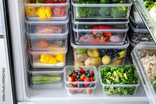 A well-organized refrigerator with labeled containers, representing meal prepping and organization, Meal prep scene