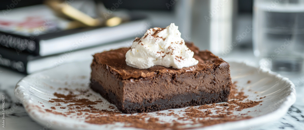 Decadent low carb chocolate dessert topped with whipped cream and cocoa. Perfect for satisfying sweet cravings while maintaining healthy lifestyle Decadent low carb chocolate dessert topped with whipped cream and cocoa. Perfect for satisfying sweet cravings while maintaining healthy lifestyle