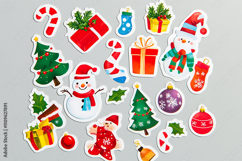 A vibrant set of Christmas-themed stickers, showcasing colorful illustrations of festive elements. The designs include beautifully wrapped gifts, cheerful snowmen, decorated Christmas trees A vibrant set of Christmas-themed stickers, showcasing colorful illustrations of festive elements. The designs include beautifully wrapped gifts, cheerful snowmen, decorated Christmas trees