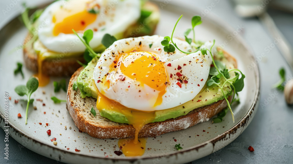 Delicious avocado toast topped with poached eggs, garnished with microgreens and spices, perfect for healthy breakfast Delicious avocado toast topped with poached eggs, garnished with microgreens and spices, perfect for healthy breakfast