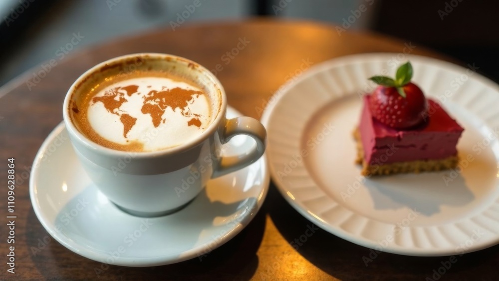 World map made of cinnamon on cappuccino foam. Cup of coffee, dessert, boarding passes. Travel concept. Cappuccino at the airport World map made of cinnamon on cappuccino foam. Cup of coffee, dessert, boarding passes. Travel concept. Cappuccino at the airport