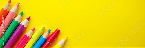 Colorful school supplies arranged on a sunny yellow background evoke the happy aspect of learning in an educational setting._00001_