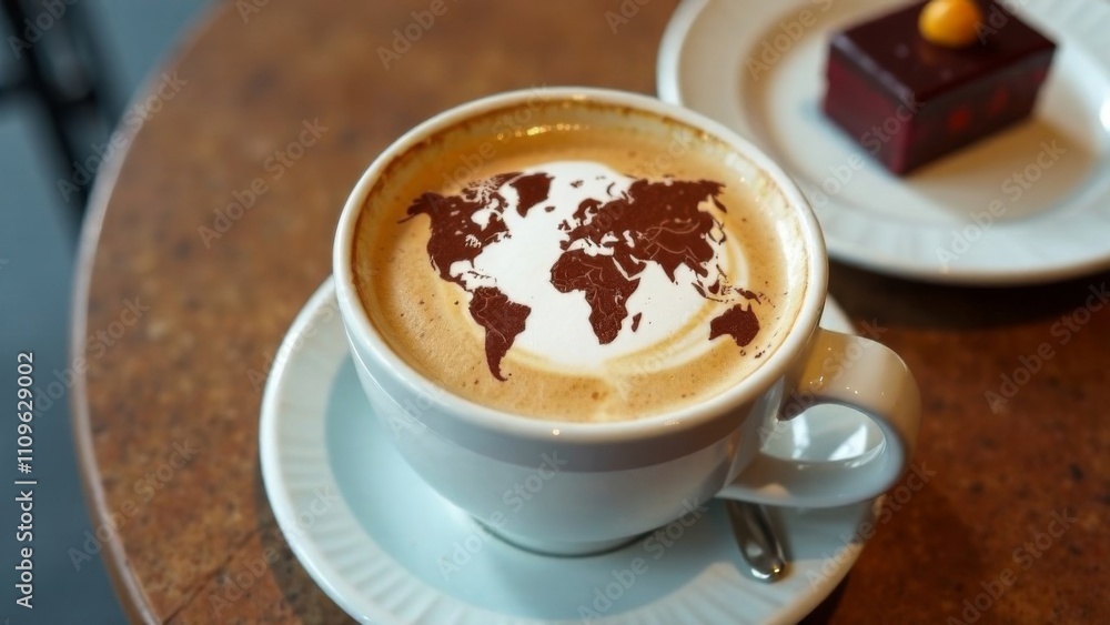 World map made of cinnamon on cappuccino foam. Cup of coffee, dessert, boarding passes. Travel concept. Cappuccino at the airport World map made of cinnamon on cappuccino foam. Cup of coffee, dessert, boarding passes. Travel concept. Cappuccino at the airport