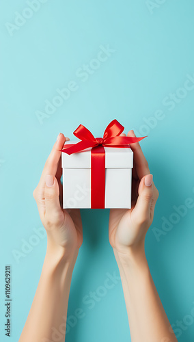 Female hands hold a small, white giftbox with a red ribbon bow on a soft pastel blue background with plenty of empty space._00003_