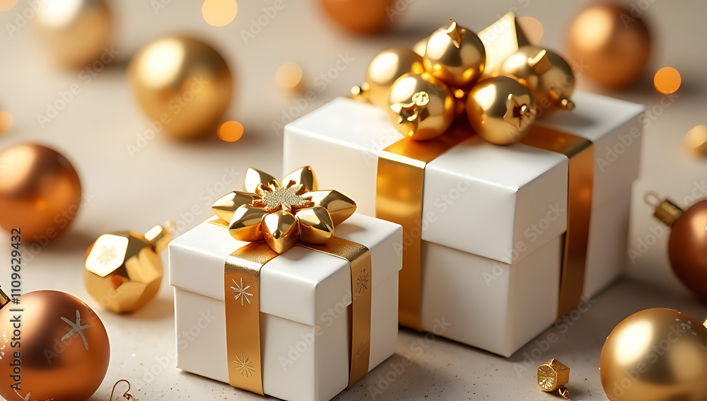 Gold and white gifts with star motifs surround elegant ornaments, evoking a luxurious and glamorous festive holiday atmosphere filled with elegance._00002_ Gold and white gifts with star motifs surround elegant ornaments, evoking a luxurious and glamorous festive holiday atmosphere filled with elegance._00002_