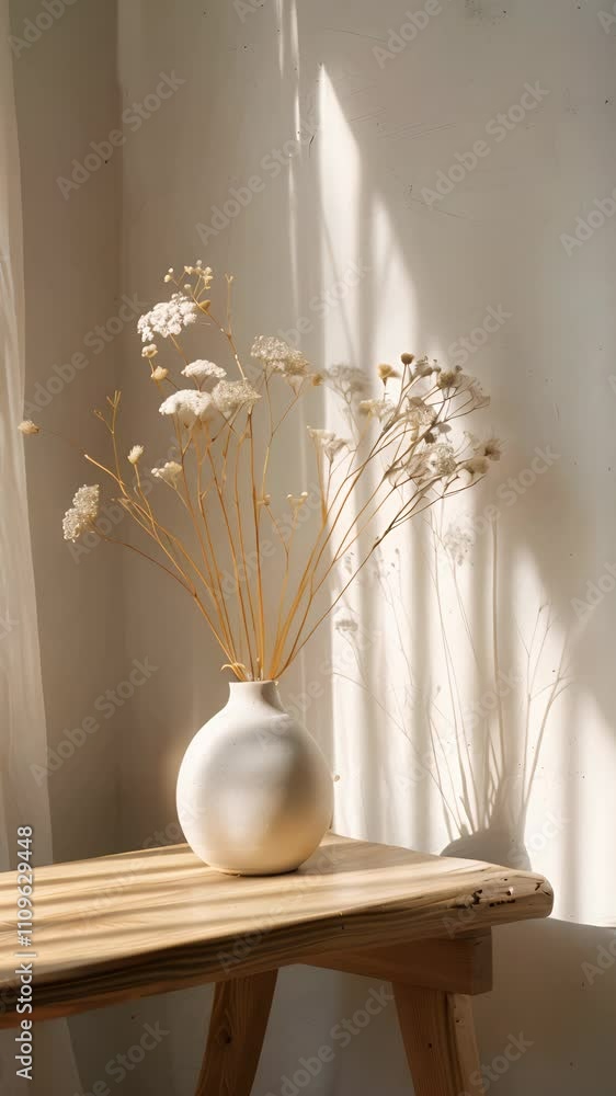 Dried Flowers in a White Vase on a Wooden Table Dried Flowers in a White Vase on a Wooden Table