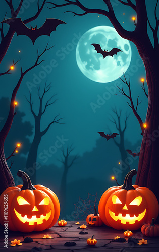 Halloween background features pumpkins, bats, spider webs, and vibrant colors ideal for seasonal themes, projects, and festive celebrations._00005_