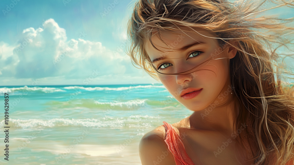Naklejka premium Dziewczyna z długimi włosami, stojąca na plaży, z wiatrem rozwiewającym jej pasma, emanuje naturalnym pięknem i swobodą w nadmorskiej scenerii.