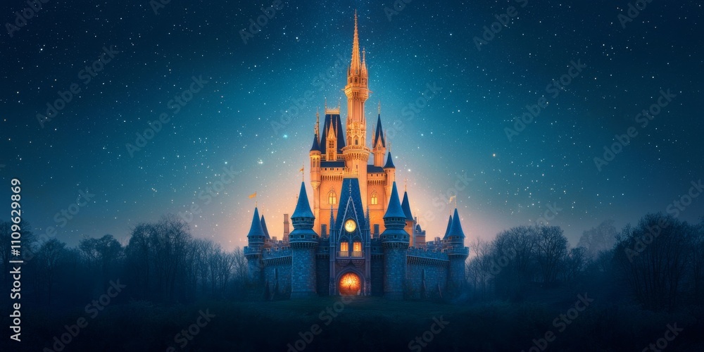 Naklejka premium A majestic castle illuminated against a starry night sky, evoking a sense of wonder and enchantment.