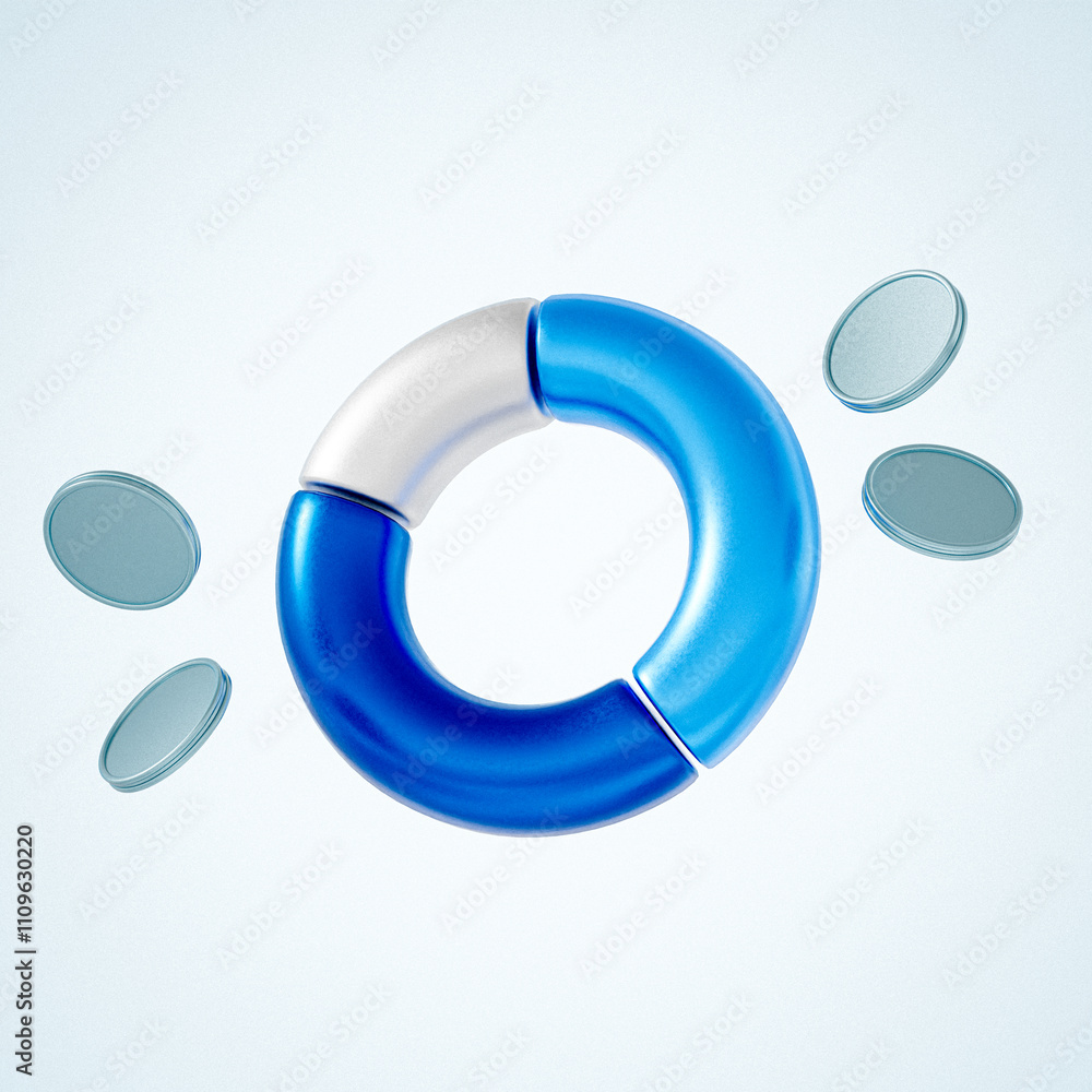 3D Circular Graph with Blue and White Segments, Surrounded by Floating Coins, Representing Financial Analytics 3D Circular Graph with Blue and White Segments, Surrounded by Floating Coins, Representing Financial Analytics