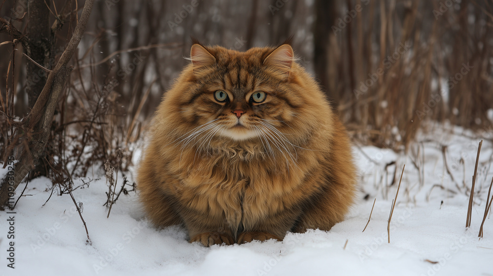 Kot o miękkim, puszystym futrze, siedzący na śniegu pośród zimowego pejzażu, z wyrazem pełnym charakteru.