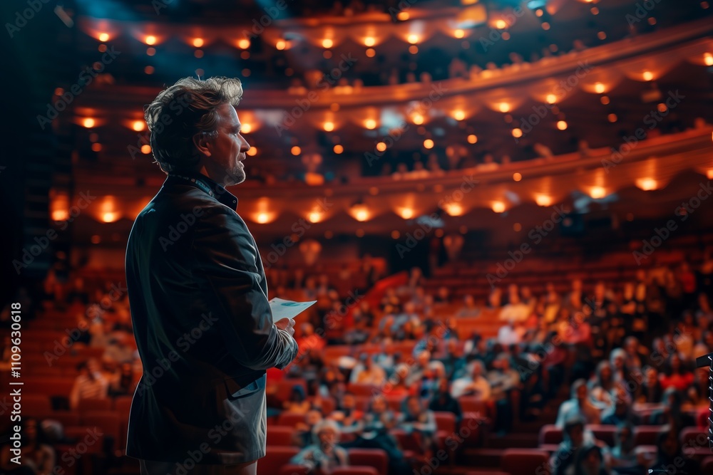 Man speaking to an engaged audience in a well-lit theater setting. Man speaking to an engaged audience in a well-lit theater setting.